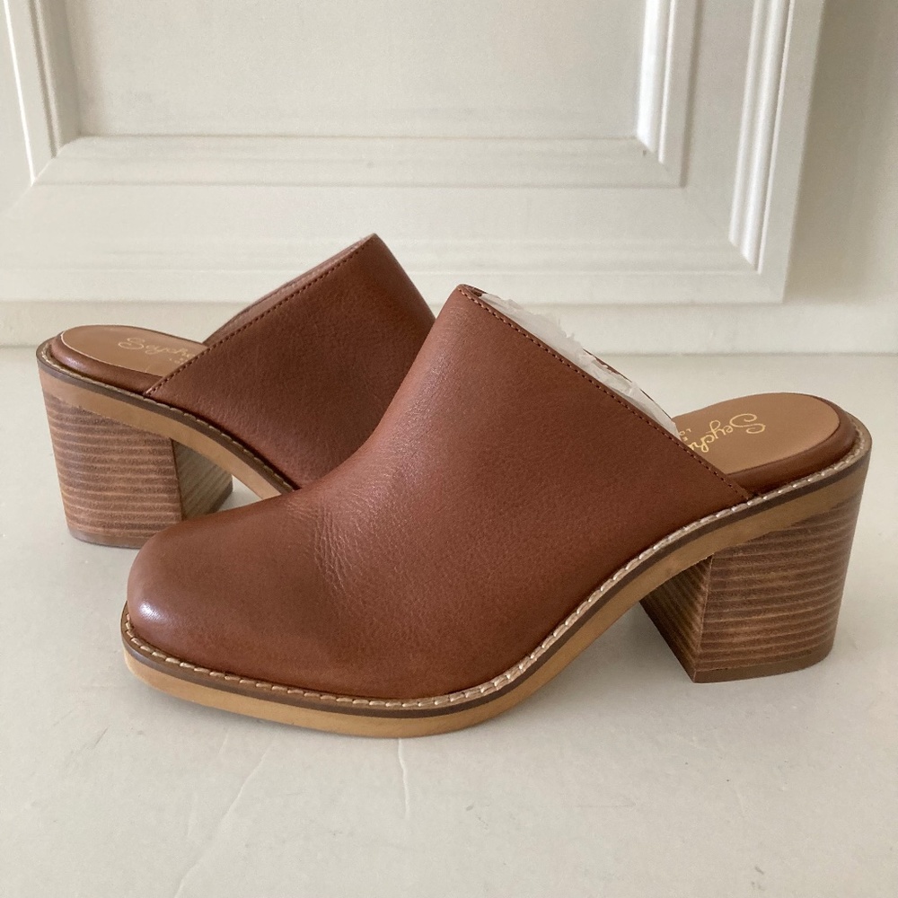 NWOT Anthropologie Seychelles Spur Of The Moment Brown Leather Mules Sz 7.5/9.5